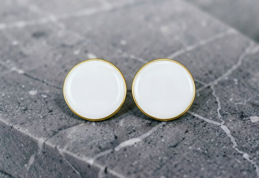 Pair of blank round enamel pins on grey marble background, ai generated. Two badges with gold metal borders minimal realistic mockup. Custom pin design, logo, branding, souvenir, promo accessory.