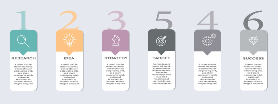 Concept of arrow business model with 6 successive steps, vector infographic template, illustrator Infographic design layout.