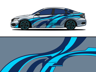 Fototapeta premium Blue and gray sports sedan with dynamic wrap design