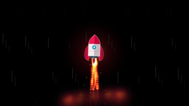 Rocket launch ignition sequence stock video clip. Animated spaceship firing engines against a dark background with falling rain. Seamless looping motion graphics animation