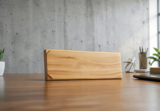 Blank wooden nameplate on office desk mockup, ai generated. Clear rectangular wood name plate displayed on table. Natural plaque with empty surface for custom text, logo, personalized engraving.