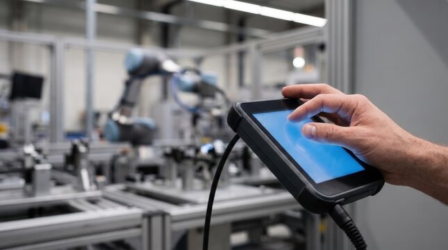 Operator hand touching control tablet near robotic arm in automated industrial factory