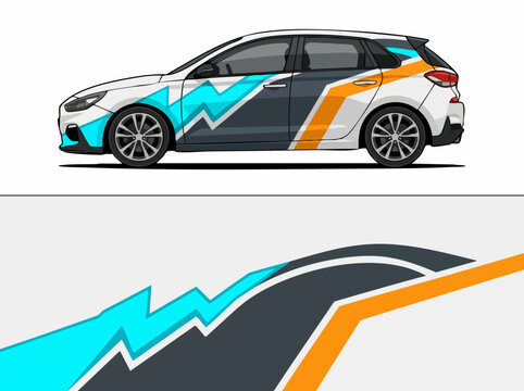 White hatchback car with colorful geometric racing decals