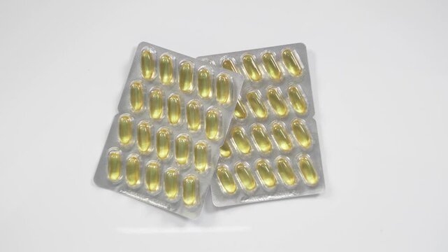 Omega-3 fish oil softgel capsules in blister packs