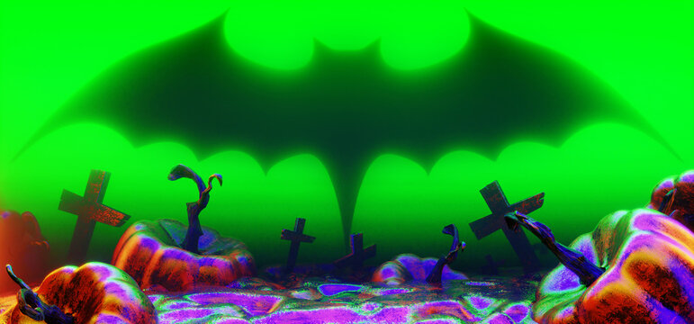 3d illustration rendering of happy halloween celebration pumpkin, a spooky party, ghost skull devil, trick or threat, wallpaper background graveyard