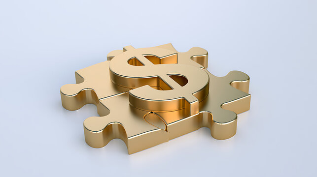 Gold dollar currency symbol shaped like a puzzle piece representing financial strategy, wealth accumulation, and clever business solution target