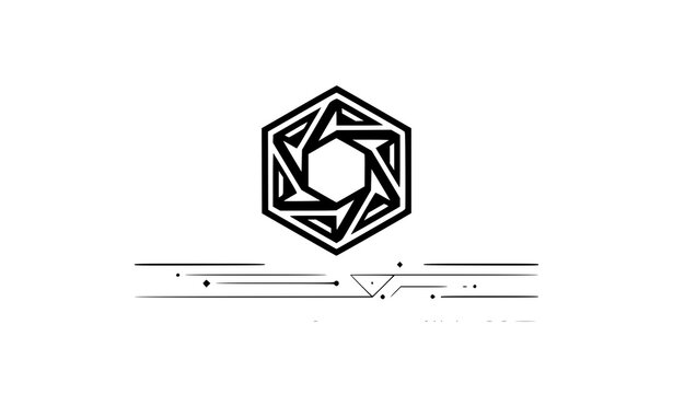 Abstract hexagonal geometric emblem with technical horizontal line elements below vector graphic geometric design technical lines black white futuristic logo sci fi element cyber graphic