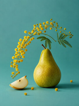 Fresh Green Pear with Yellow Mimosa Flowers on Teal Background