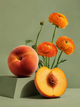 Fresh Ripe Peach with Vibrant Orange Flowers on Sage Green Background