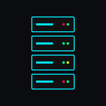 Minimalist neon cyan server rack modules with status indicator lights on a black background graphic illustration