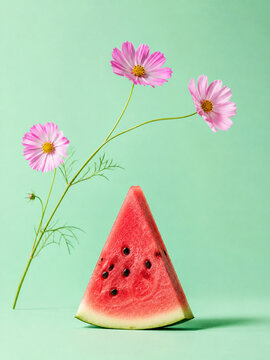 Fresh Watermelon Slice with Pink Cosmos Flowers on Mint Green Background
