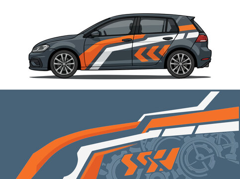 Gray hatchback car with orange and white racing decals