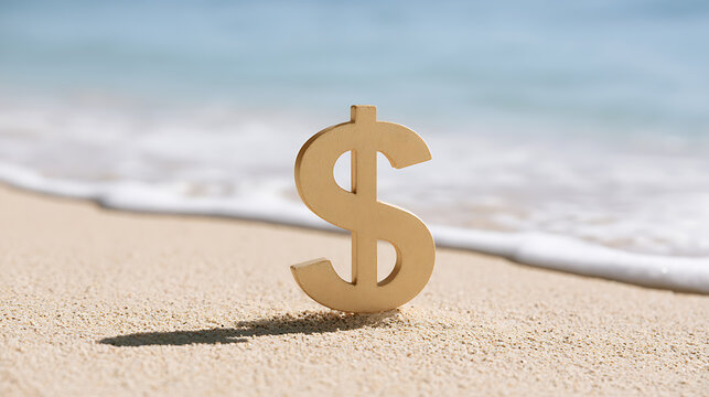 Gold dollar currency symbol stand upright on bright sunny tropical ocean beach sand shore with soft gentle wave water ocean blur background