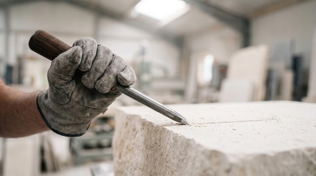 Sculptor gloved hand carving stone with chisel tool in stonemason workshop