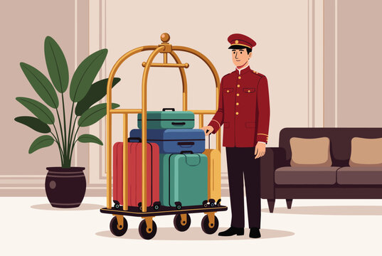 Professional hotel bellboy in a red uniform standing next to a luggage cart loaded with colorful suitcases.