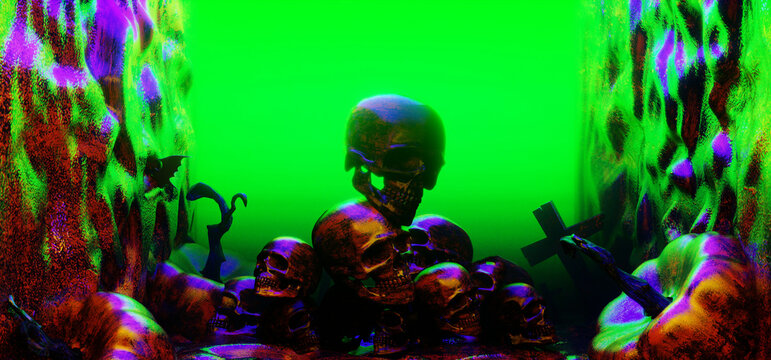 3d illustration rendering of happy halloween celebration pumpkin, a spooky party, ghost skull devil, trick or threat, wallpaper background graveyard
