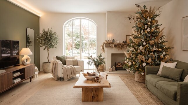 Elegant and inviting living room interior, beautifully decorated for Christmas with a large festive tree, comfortable seating, and natural holiday decor, creating a warm, modern seasonal ambiance