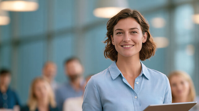 Confident young woman standing in modern office holding digital tablet