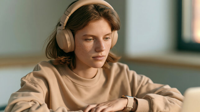 Young woman with headphones concentrating on laptop screen in cozy room