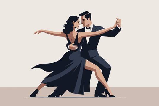 Elegant couple performing passionate tango dance with dramatic pose and beautiful clothes in retro vector style.