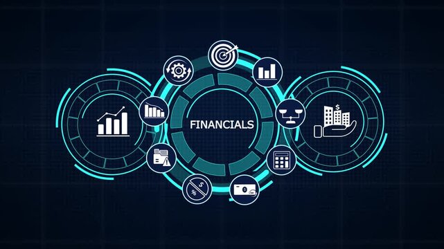Business financial data analytics technology concept showing growth chart icons and digital hud elements for corporate report analysis
