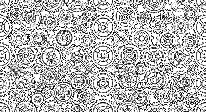 Seamless Pattern of Intricate Gears and Cogs in Black and White Line Art