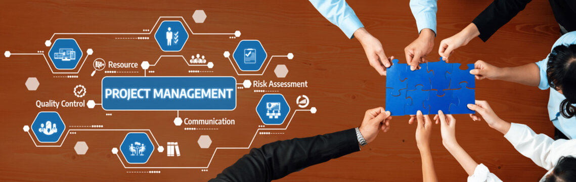 A diverse group of professionals collaborates on project management tasks, focusing on quality control and risk assessment, enhancing business effectiveness and team success. Amity