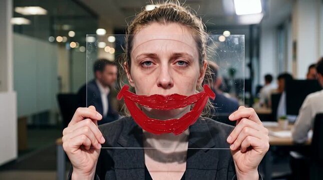 Mujer ocultando tristeza con sonrisa roja en oficina
