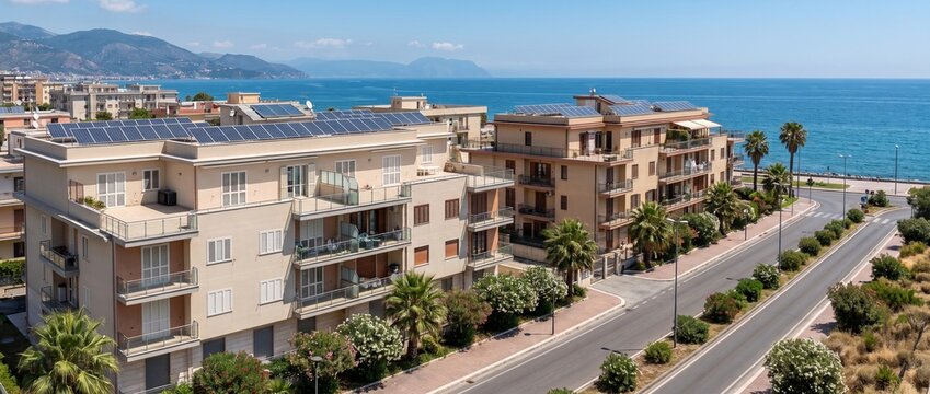 Coastal Living with Solar Power: A panoramic view of a modern coastal town showcasing apartment buildings equipped with solar panels, overlooking a serene blue ocean and a tree-lined boulevard.