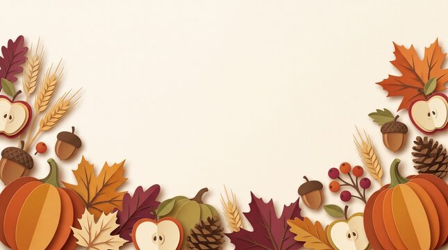 Colorful autumn harvest border with pumpkins apples and fall leaves for seasonal decoration and thanksgiving celebration design elements for festive greeting cards and posters