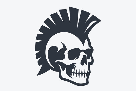 Punk rock skull silhouette icon with a spiked mohawk hairstyle, vector illustration isolated on light background.