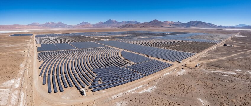 Solar Power Station in Desert Landscape: An expansive solar power station spreads across a vast desert landscape, with rows of photovoltaic panels glinting under a clear blue sky.