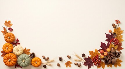 Fototapeta premium Autumn harvest border with colorful pumpkins fall leaves and seasonal berries creating a beautiful thanksgiving frame for greeting cards and seasonal celebration designs