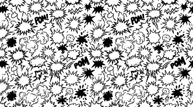 Comic Book Style Sound Effects and Explosion Bubbles Seamless Pattern