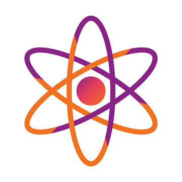 Atom symbol featuring purple and orange elliptical electron orbit rings around a central nucleus illustration