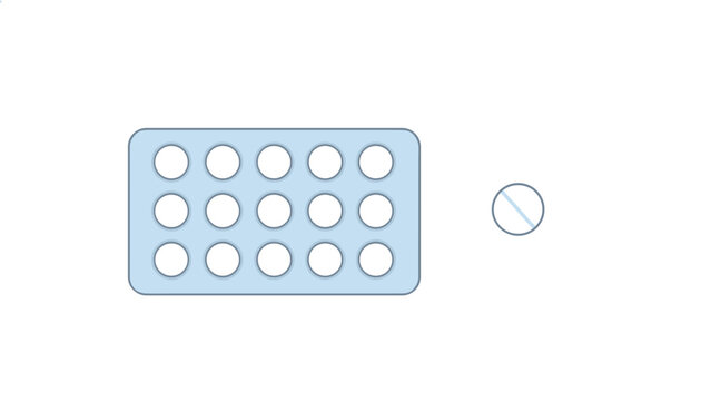 Pharmaceutical blister pack containing fifteen round white pills with a single pill shown on a plain background.