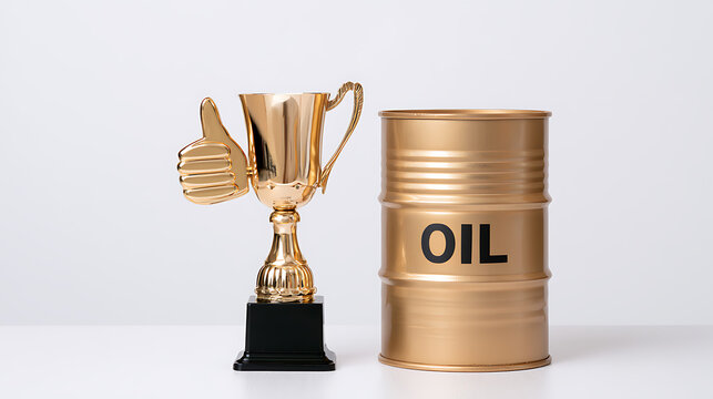 A golden trophy with a thumb up gesture stands beside a metallic oil barrel on a clean white surface representing success in energy market