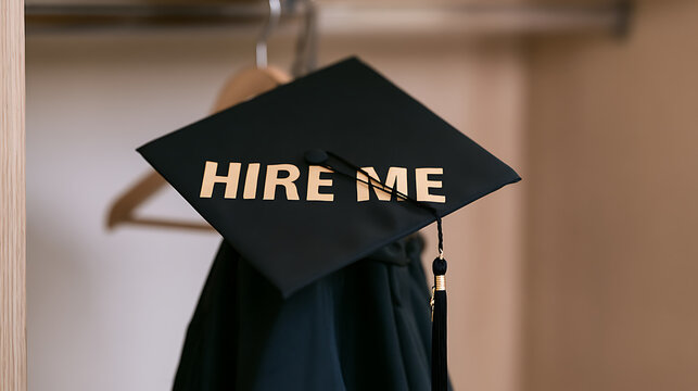 Black graduation cap with gold text hire me hanging on a wooden hanger in a closet symbolizing job search for fresh college graduate