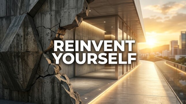 Reinvent Yourself Motivation Concept with Dramatic Pathway, Modern Architecture and Sunrise