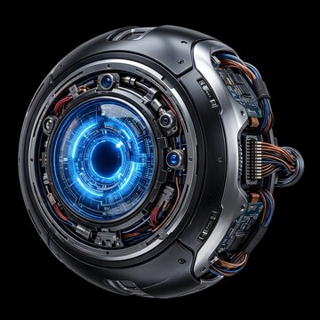 Isolated futuristic cybernetic sphere camera with glowing blue optical core and intricate mechanical wiring for artificial intelligence robotics concept