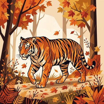 Powerful Bengal Tiger in Autumn Forest with Falling Maple Leaves &ndash; Vector