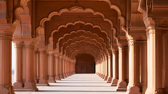 Stunning historical corridor featuring ornate archways and classic stone pillars creating an endless perspective view inside ancient palace