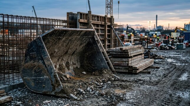 Mud covered loader bucket beside rebar cages and timber formwork on a construction site at dawn