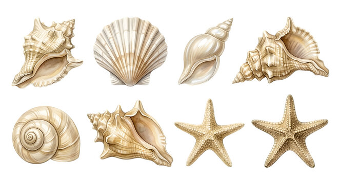 Set of golden seashells and starfish isolated on white background with sea life