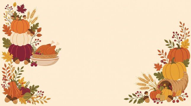 Autumn thanksgiving background with pumpkins and fall leaves frame on beige fall harvest seasonal background autumn vector pumpkin border fall foliage autumnal design harvest festival pumpkins
