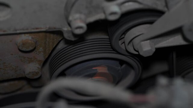 Car engine drive serpentine belt running on metal ribbed pulley.