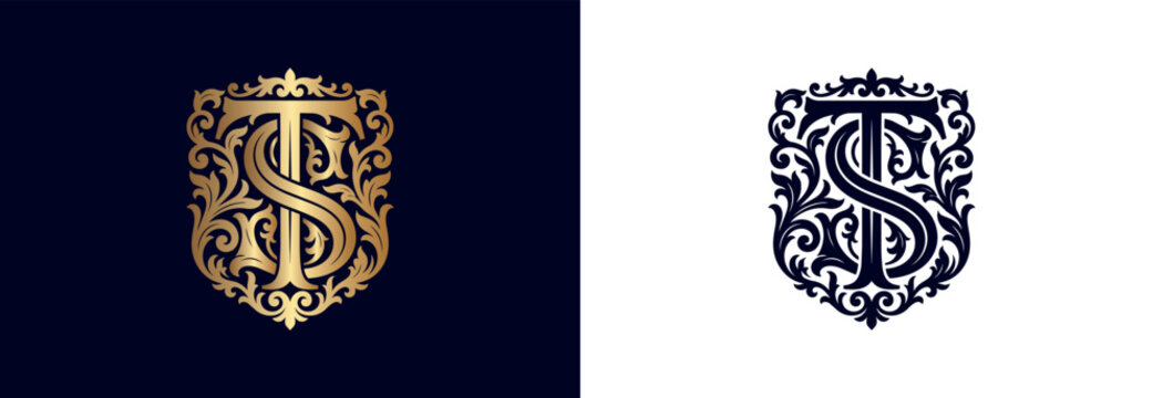 Monogram ts ornate gold shield emblem for high end brand identity.