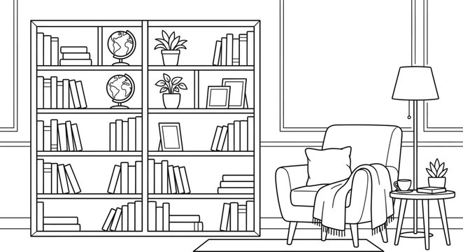 Coloring page cozy reading corner with armchair, floor lamp, and bookshelves