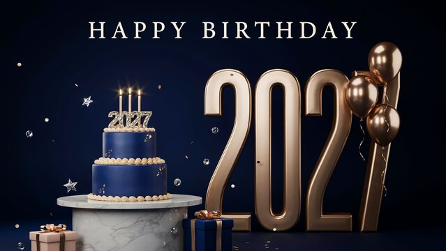 Elegant Happy Birthday 2027 celebration, luxury blue cake with gold numbers, festive party background with balloons and gifts