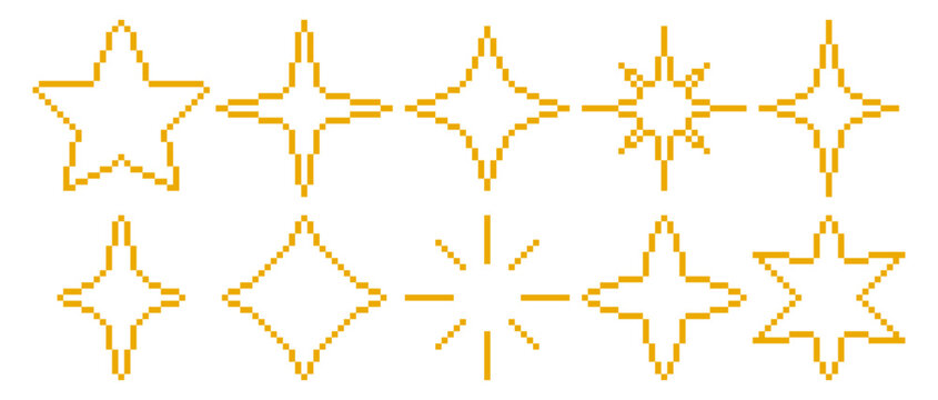 Pixel art star retro sparkle shapes. 8-bit gaming digital burst elements, geometric outline UI icons, abstract night sky symbols set, collection of  decorative graphic shapes